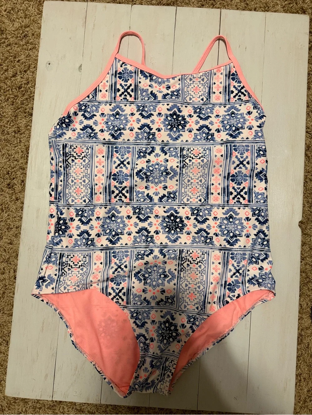 Justice Girls One-Piece Swimsuit in Navy Blue and Pink Tile Print